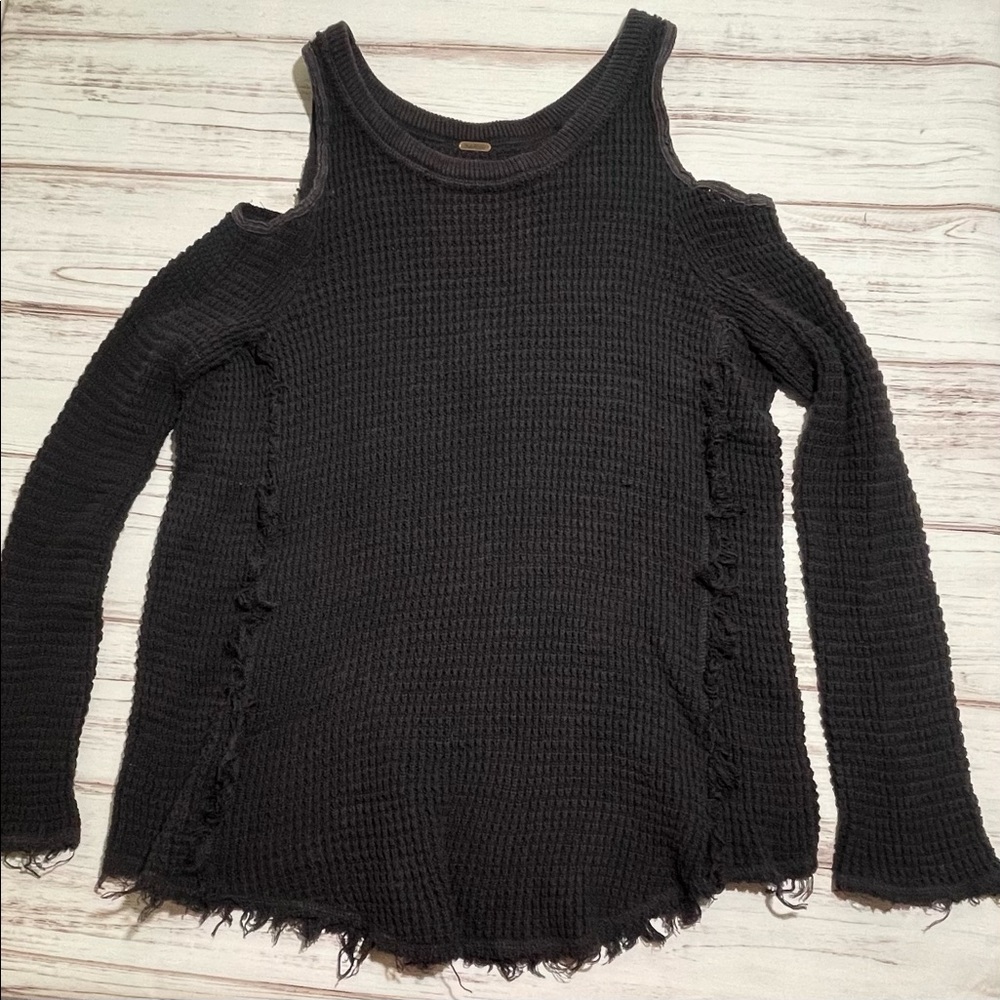 Free People Navy Blue Cold Shoulder Fringe Knit Sweater